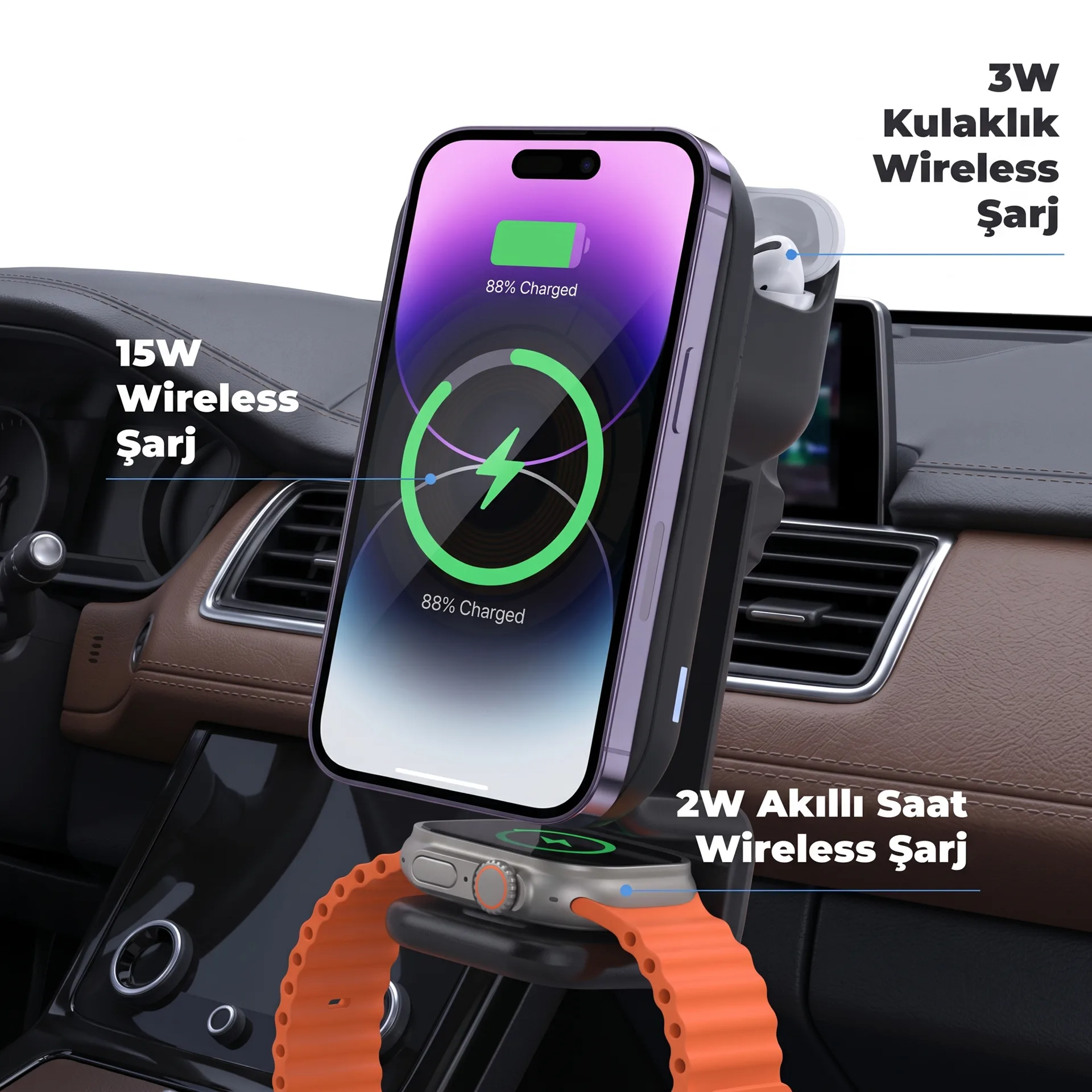Araç İçi Kablosuz Şarj Standı (Telefon, Saat, Kulaklık)