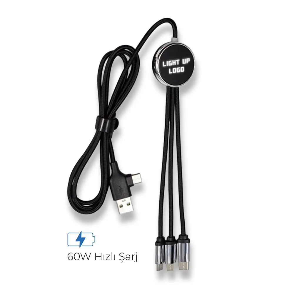 Işıklı Logo 60W Hızlı Type-C Uçlu Data Transferli Şarj Kablosu